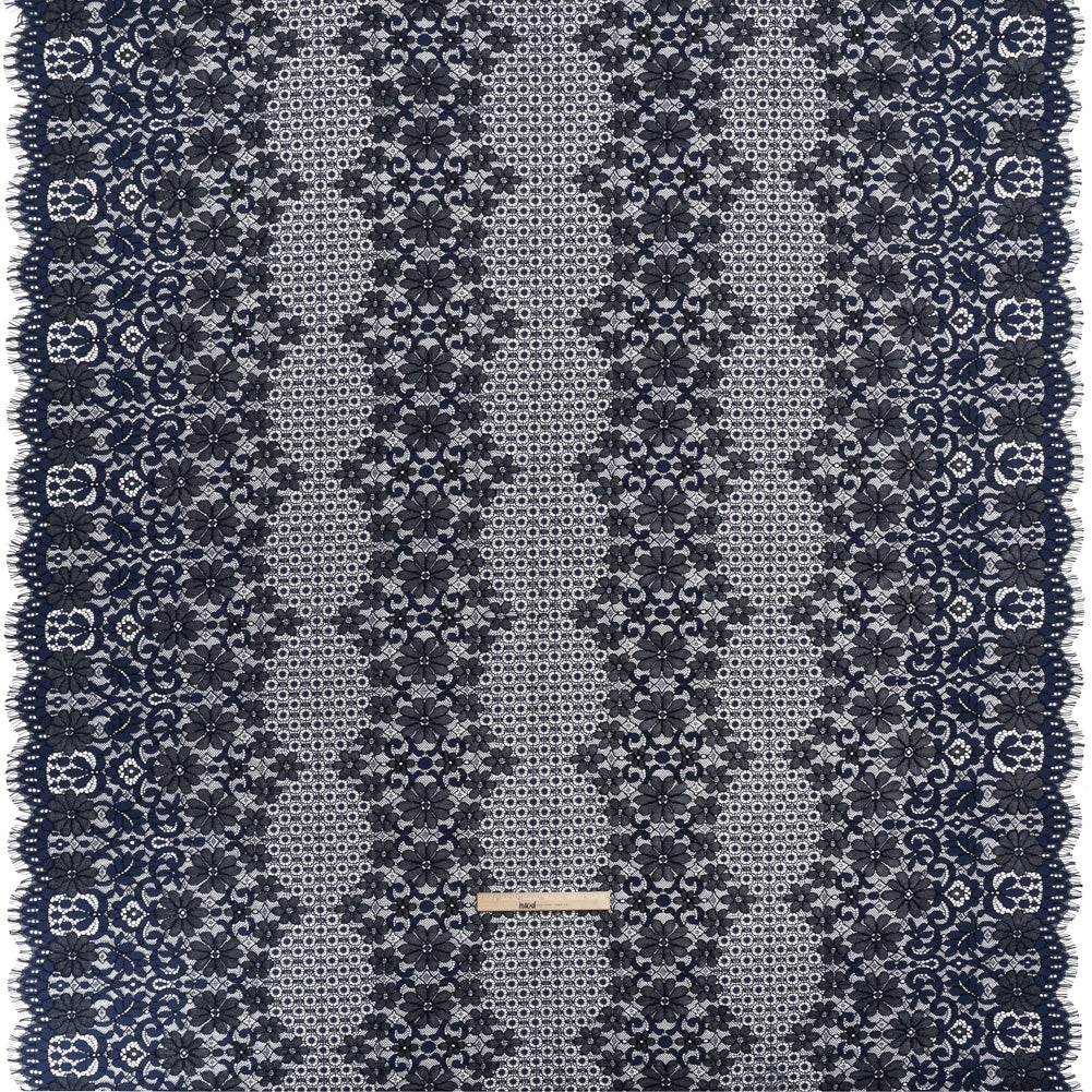 Rayon and Nylon Corded Lace with Scalloped Finished Edges - Navy Blue Flower and Dot Stripes - Full Rayon and Nylon Corded Lace with Scalloped Finished Edges - Navy Blue Flower and Dot Stripes - Full
