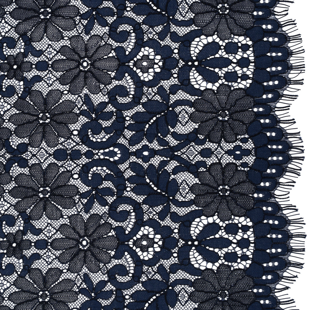 Rayon and Nylon Corded Lace with Scalloped Finished Edges - Navy Blue Flower and Dot Stripes Rayon and Nylon Corded Lace with Scalloped Finished Edges - Navy Blue Flower and Dot Stripes