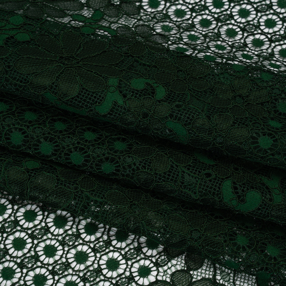 Rayon and Nylon Corded Lace with Scalloped Finished Edges - Hunter Green Flower and Dot Stripes - Folded Rayon and Nylon Corded Lace with Scalloped Finished Edges - Hunter Green Flower and Dot Stripes - Folded