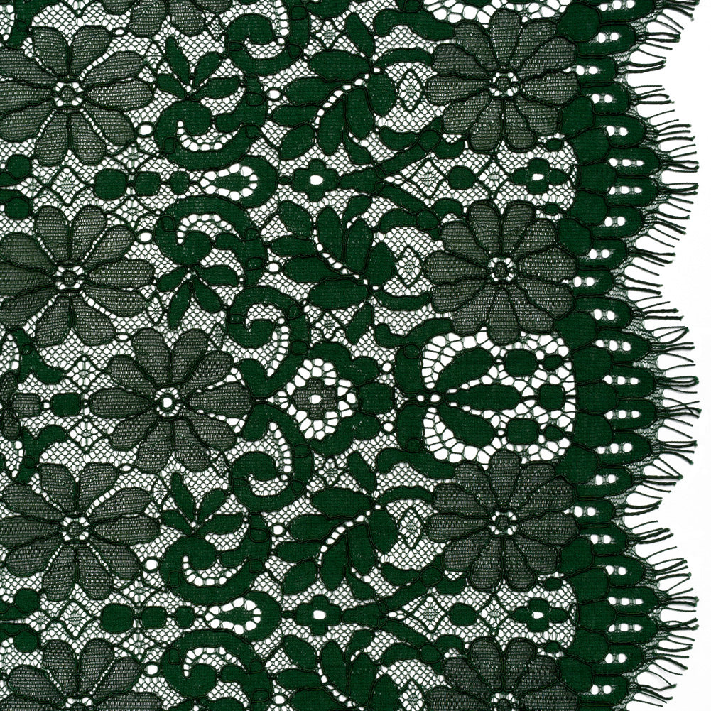 Rayon and Nylon Corded Lace with Scalloped Finished Edges - Hunter Green Flower and Dot Stripes Rayon and Nylon Corded Lace with Scalloped Finished Edges - Hunter Green Flower and Dot Stripes