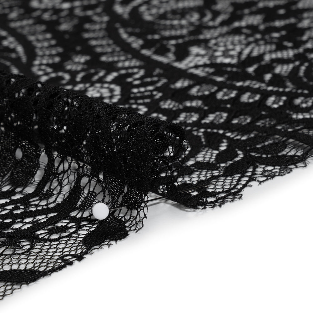 Nylon and Rayon Raschel Lace with Finished Edges - Black Flowers and Swirls - Detail Nylon and Rayon Raschel Lace with Finished Edges - Black Flowers and Swirls - Detail
