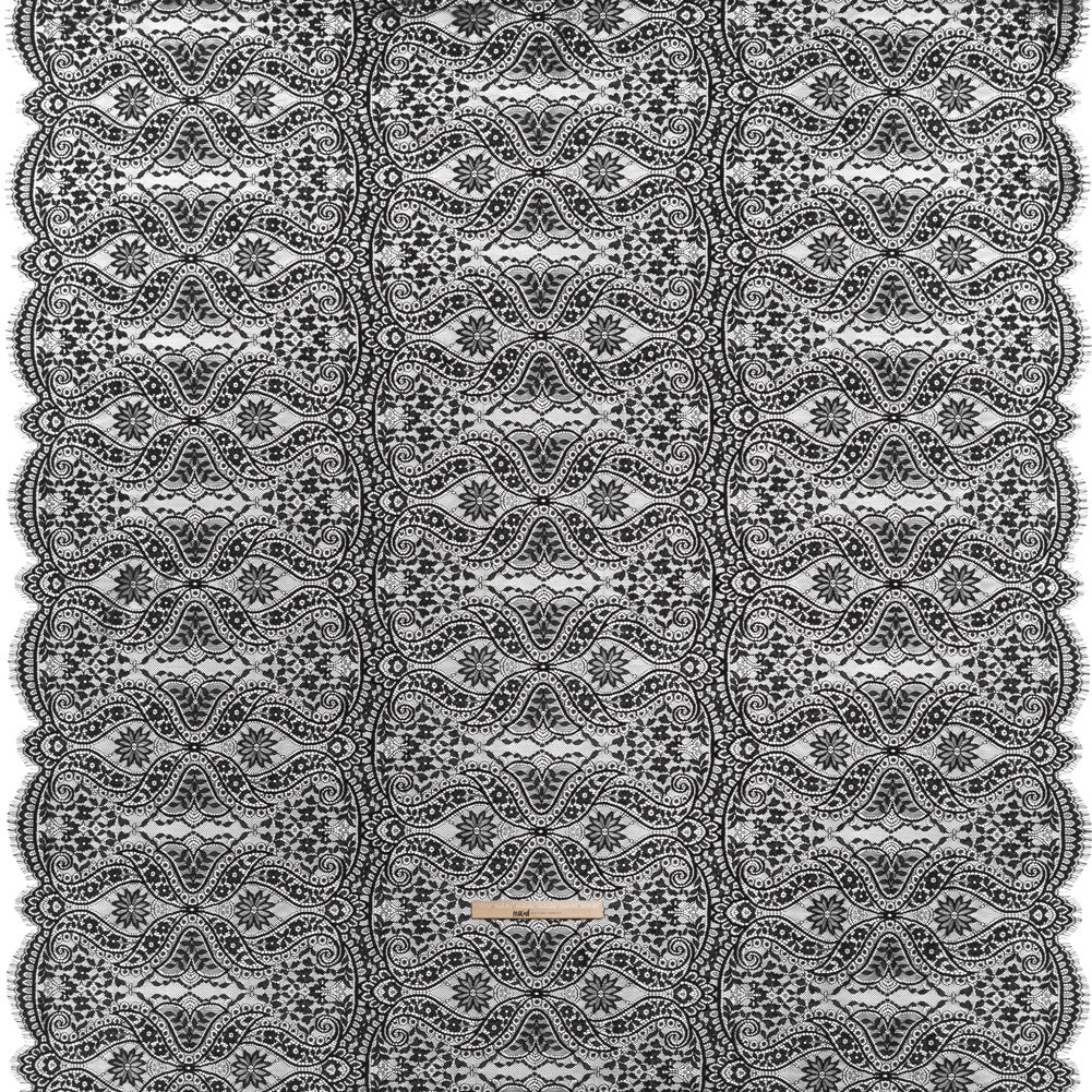 Nylon and Rayon Raschel Lace with Finished Edges - Black Flowers and Swirls - Full Nylon and Rayon Raschel Lace with Finished Edges - Black Flowers and Swirls - Full