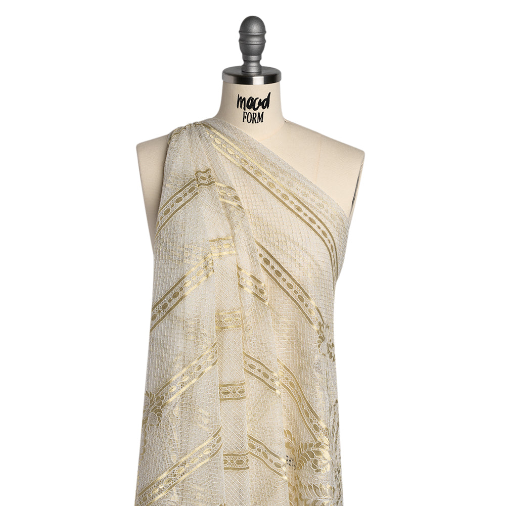 Metallic Re-Embroidered Raschel Lace - Ivory and Gold Stripes and Diamond Lattice with Floral Border - Drape Metallic Re-Embroidered Raschel Lace - Ivory and Gold Stripes and Diamond Lattice with Floral Border - Drape