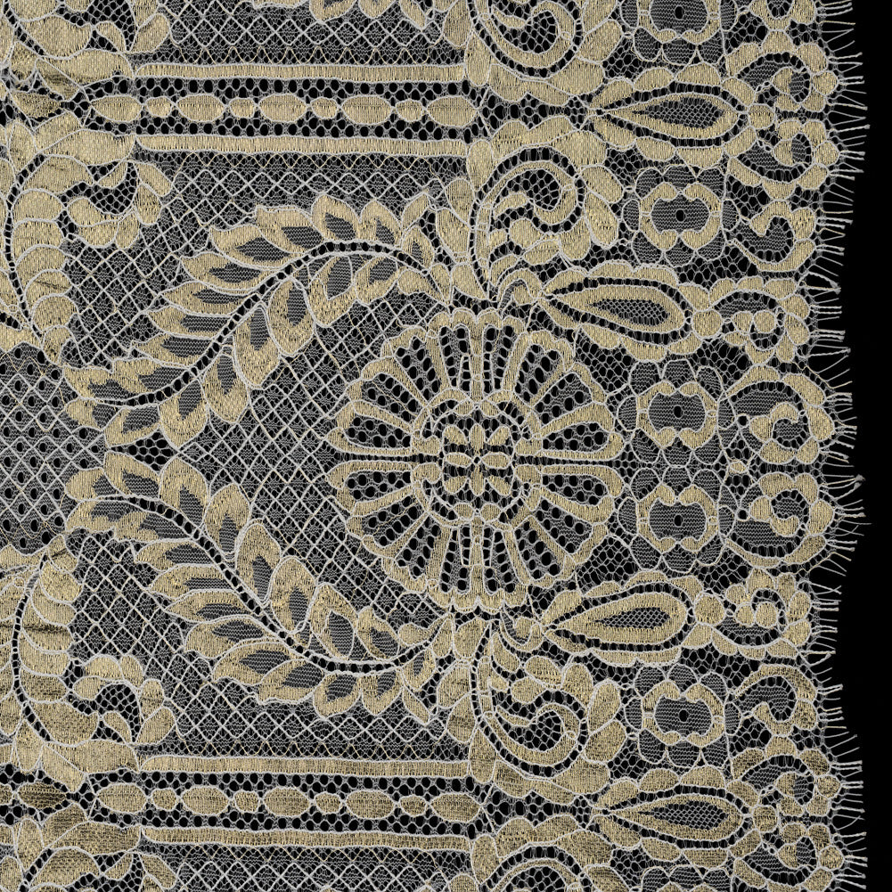 Metallic Re-Embroidered Raschel Lace - Ivory and Gold Stripes and Diamond Lattice with Floral Border Metallic Re-Embroidered Raschel Lace - Ivory and Gold Stripes and Diamond Lattice with Floral Border