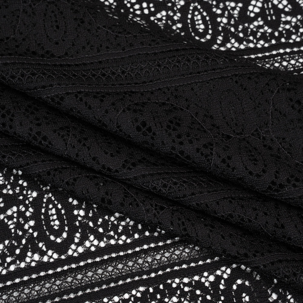Re-Embroidered Lace with Finished Edges - Black Floral Medallion Stripes - Folded Re-Embroidered Lace with Finished Edges - Black Floral Medallion Stripes - Folded