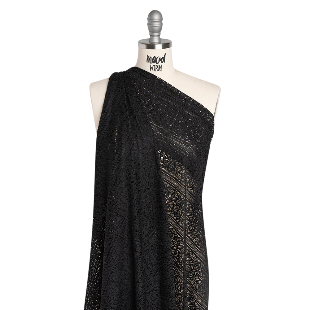 Re-Embroidered Lace with Finished Edges - Black Floral Medallion Stripes - Drape Re-Embroidered Lace with Finished Edges - Black Floral Medallion Stripes - Drape