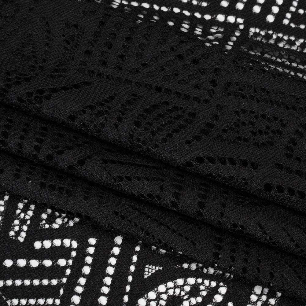 Raschel Lace with Organic Finished Edges - Black Geometry and Leaves - Folded Raschel Lace with Organic Finished Edges - Black Geometry and Leaves - Folded