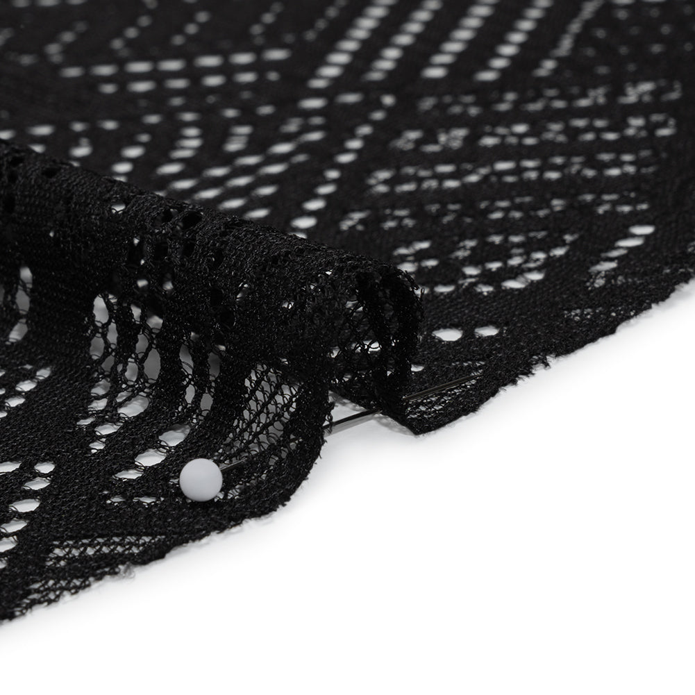 Raschel Lace with Organic Finished Edges - Black Geometry and Leaves - Detail Raschel Lace with Organic Finished Edges - Black Geometry and Leaves - Detail
