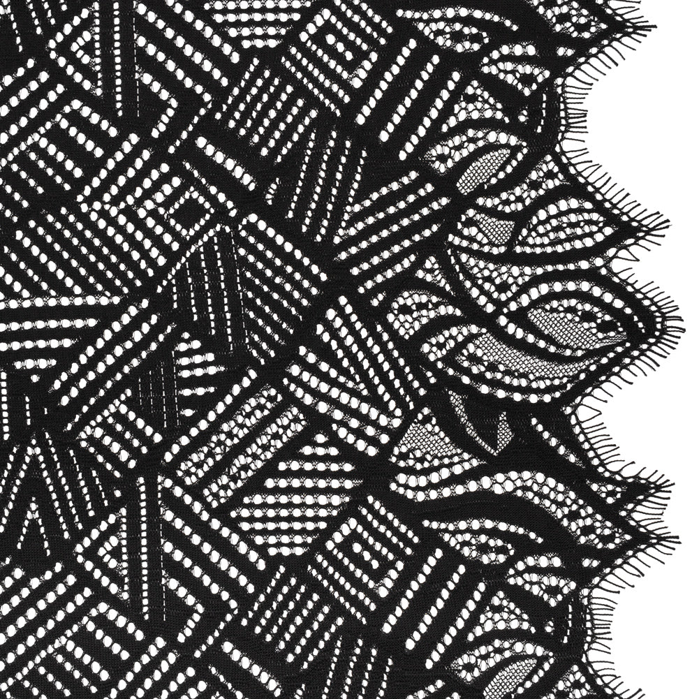 Raschel Lace with Organic Finished Edges - Black Geometry and Leaves Raschel Lace with Organic Finished Edges - Black Geometry and Leaves
