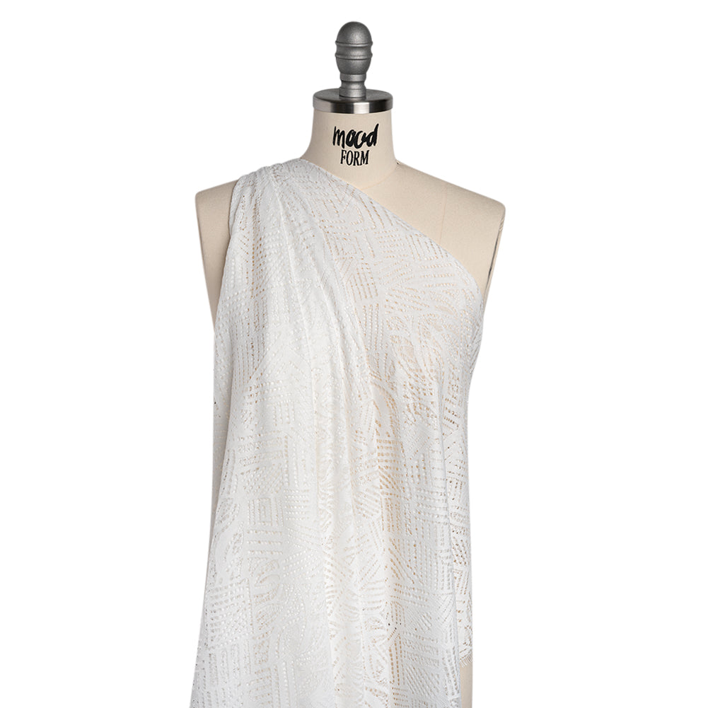Raschel Lace with Organic Finished Edges - Ivory Geometry and Leaves - Drape Raschel Lace with Organic Finished Edges - Ivory Geometry and Leaves - Drape