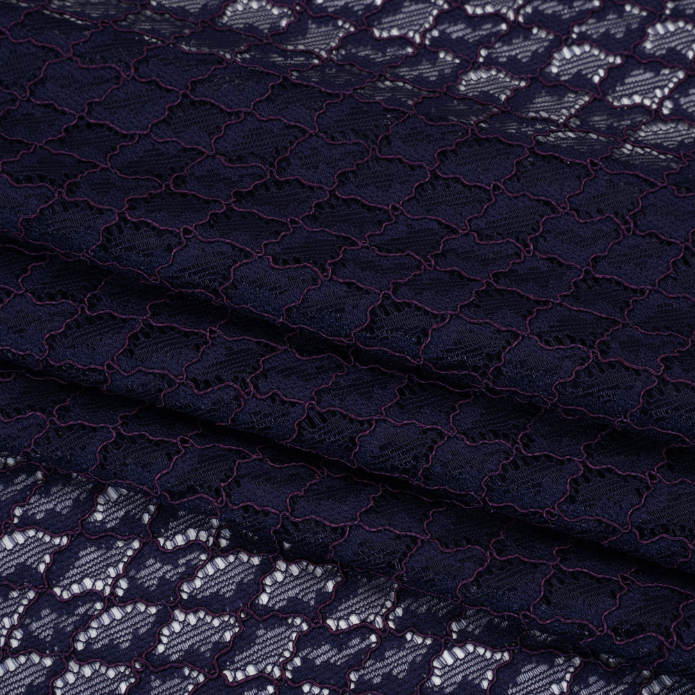 Corded Lace with Finished Eyelash Edges - Navy and Purple Diamond Lattice - Folded Corded Lace with Finished Eyelash Edges - Navy and Purple Diamond Lattice - Folded