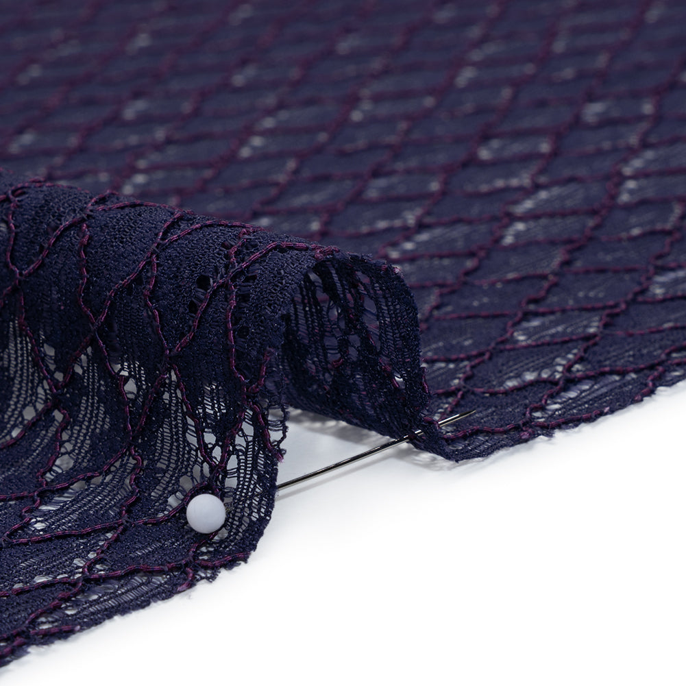 Corded Lace with Finished Eyelash Edges - Navy and Purple Diamond Lattice - Detail Corded Lace with Finished Eyelash Edges - Navy and Purple Diamond Lattice - Detail