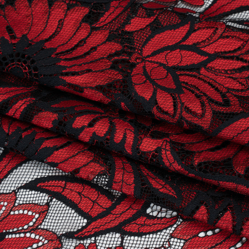 Raschel Lace Panel with Finished Edges - Black and Red Bold Daisies and Leaves - Folded Raschel Lace Panel with Finished Edges - Black and Red Bold Daisies and Leaves - Folded
