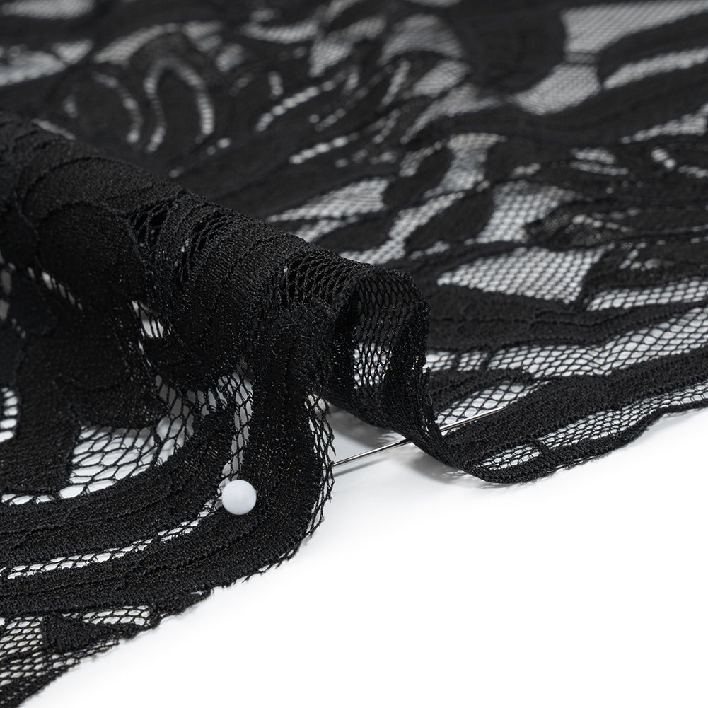 Raschel Lace Panel with Finished Edges - Black Bold Daisies and Leaves - Detail Raschel Lace Panel with Finished Edges - Black Bold Daisies and Leaves - Detail