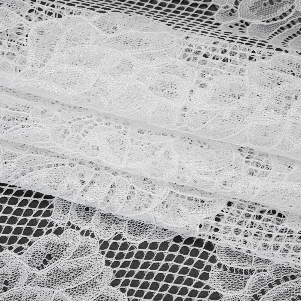 Corded Raschel Lace Panel with Finished Edges - Ivory Big Flowers on Diamond Net - Folded Corded Raschel Lace Panel with Finished Edges - Ivory Big Flowers on Diamond Net - Folded