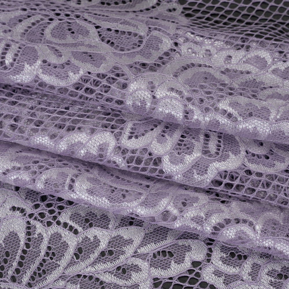 Corded Raschel Lace Panel with Finished Edges - Lavender and Ivory Big Flowers on Diamond Net - Folded Corded Raschel Lace Panel with Finished Edges - Lavender and Ivory Big Flowers on Diamond Net - Folded