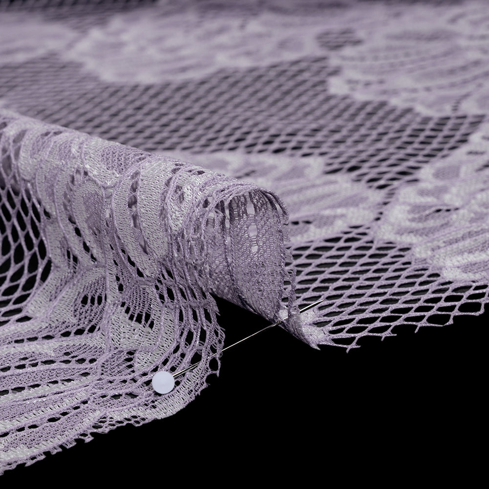 Corded Raschel Lace Panel with Finished Edges - Lavender and Ivory Big Flowers on Diamond Net - Detail Corded Raschel Lace Panel with Finished Edges - Lavender and Ivory Big Flowers on Diamond Net - Detail