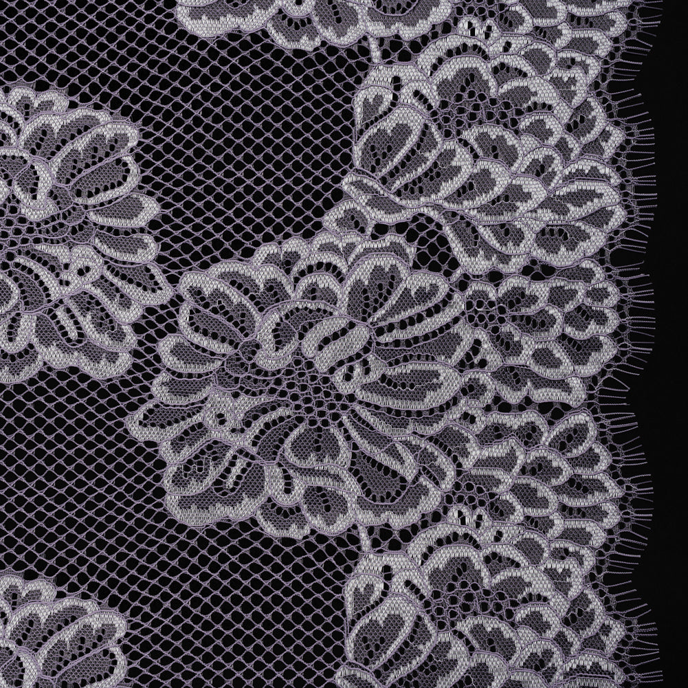 Corded Raschel Lace Panel with Finished Edges - Lavender and Ivory Big Flowers on Diamond Net Corded Raschel Lace Panel with Finished Edges - Lavender and Ivory Big Flowers on Diamond Net