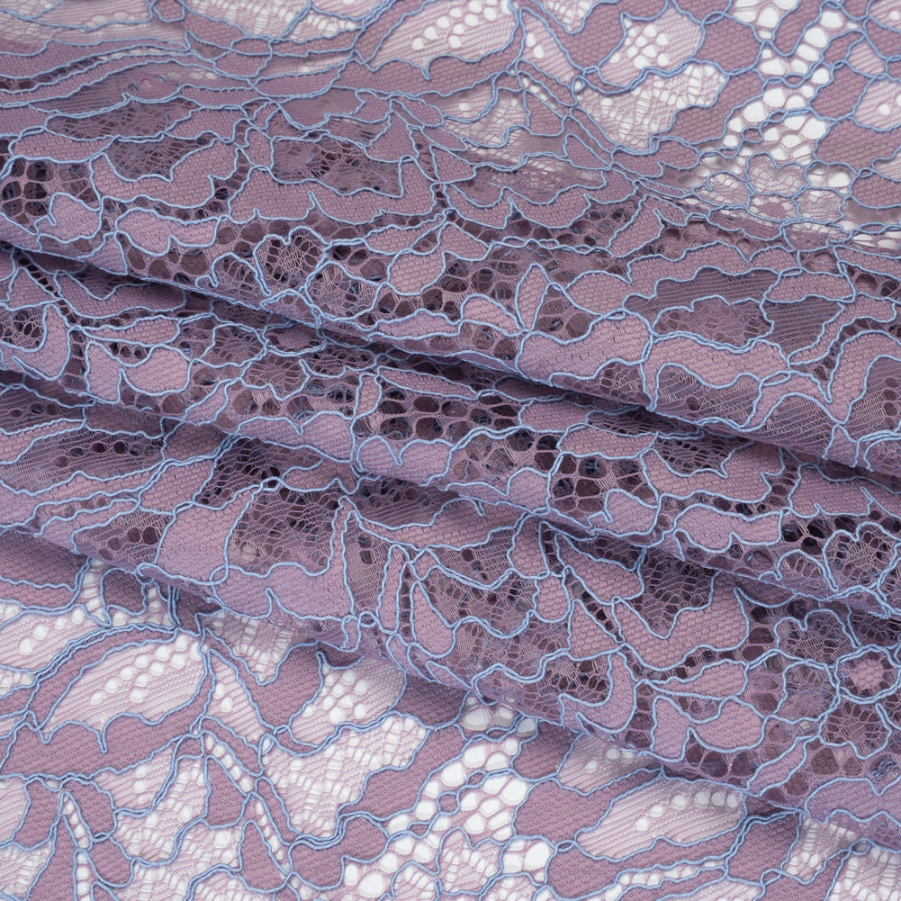 Corded Raschel Lace Panel with Finished Edges - Lavender and Sky Blue All-Over Flowers and Leaves - Folded Corded Raschel Lace Panel with Finished Edges - Lavender and Sky Blue All-Over Flowers and Leaves - Folded