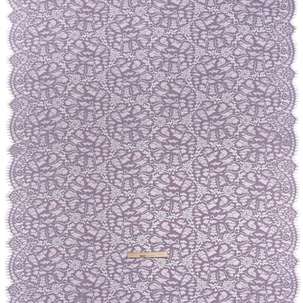 Corded Raschel Lace Panel with Finished Edges - Lavender and Sky Blue All-Over Flowers and Leaves - Full Corded Raschel Lace Panel with Finished Edges - Lavender and Sky Blue All-Over Flowers and Leaves - Full