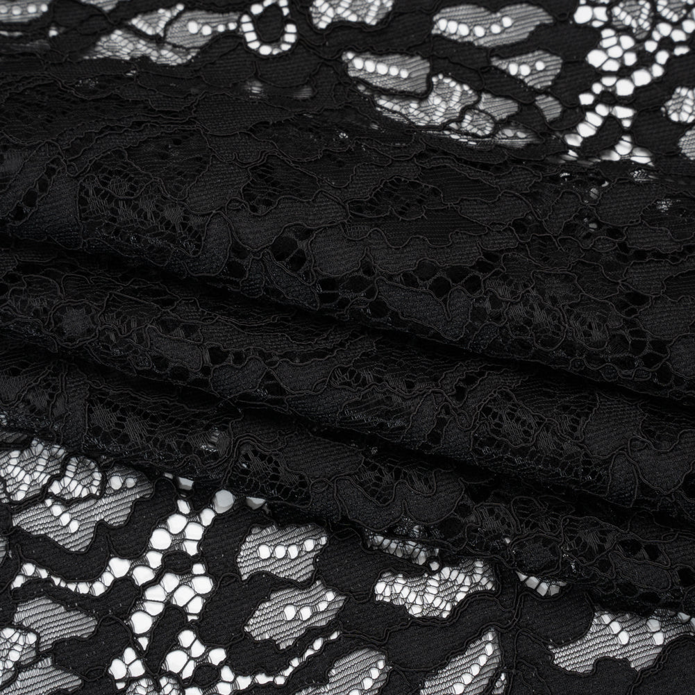 Corded Raschel Lace Panel with Finished Edges - Black All-Over Flowers and Leaves Folded Corded Raschel Lace Panel with Finished Edges - Black All-Over Flowers and Leaves Folded