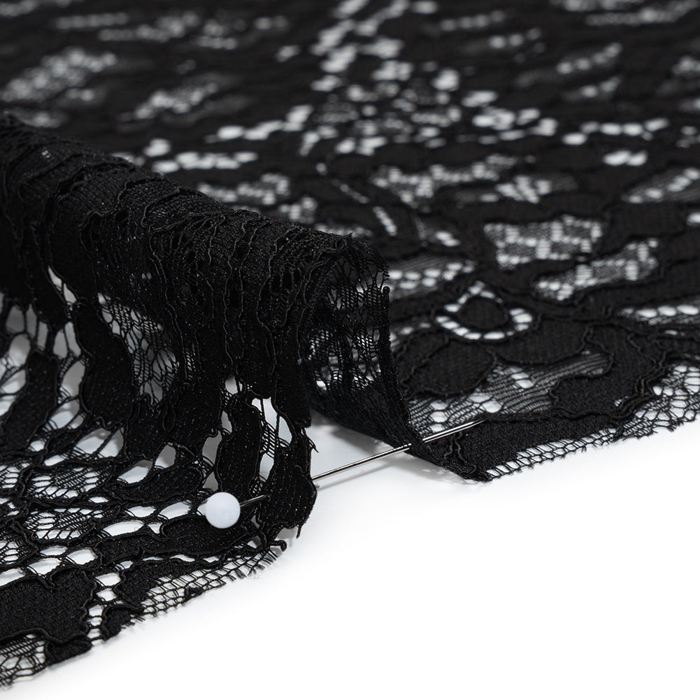 Corded Raschel Lace Panel with Finished Edges - Black All-Over Flowers and Leaves Detail Corded Raschel Lace Panel with Finished Edges - Black All-Over Flowers and Leaves Detail