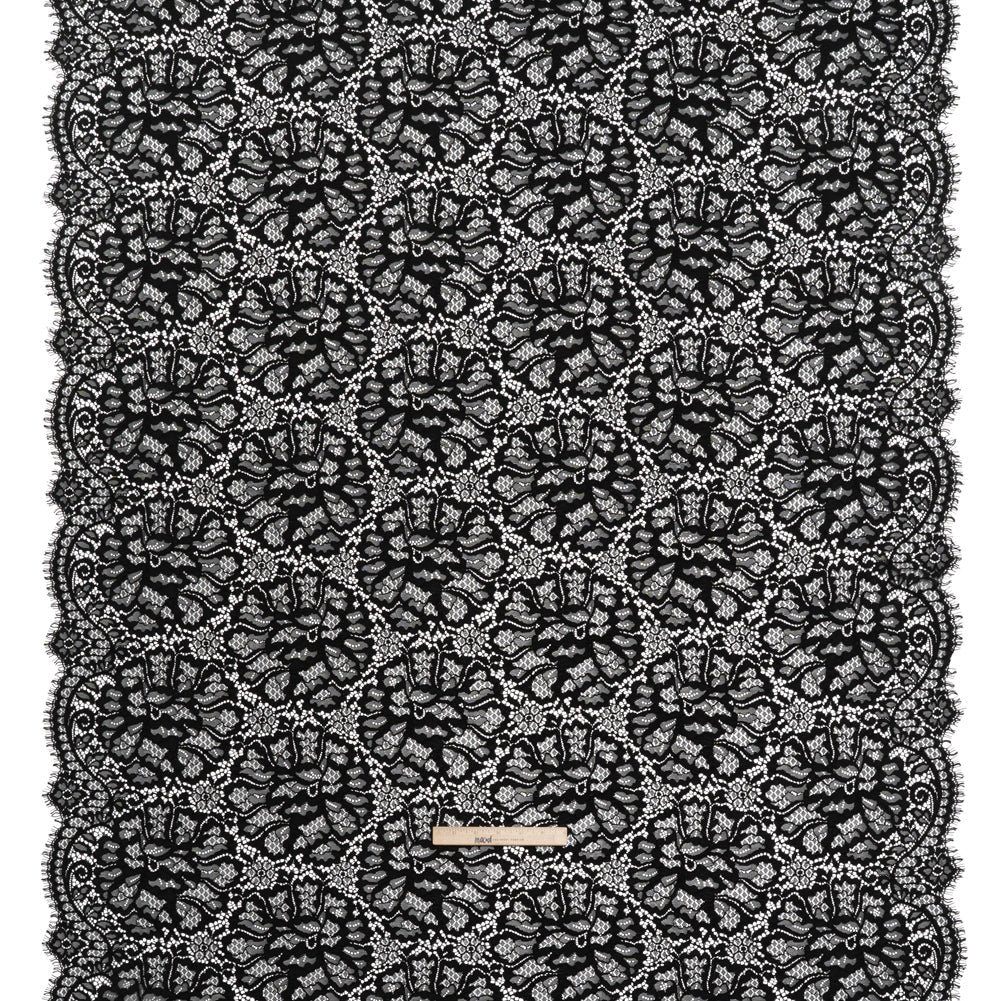 Corded Raschel Lace Panel with Finished Edges - Black All-Over Flowers and Leaves Full Corded Raschel Lace Panel with Finished Edges - Black All-Over Flowers and Leaves Full