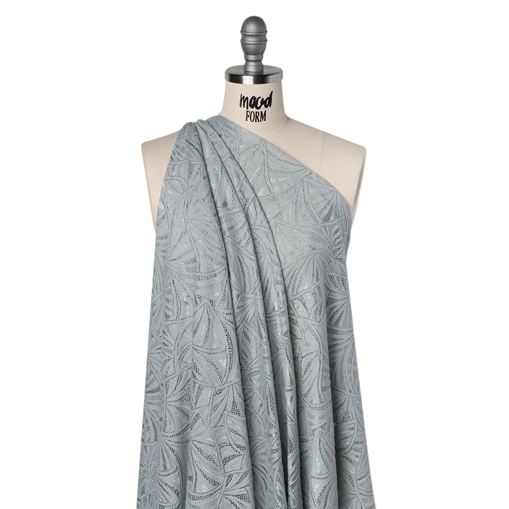 Stretch Raschel Lace with Finished Edges - Silver Flying Fans Drape Stretch Raschel Lace with Finished Edges - Silver Flying Fans Drape
