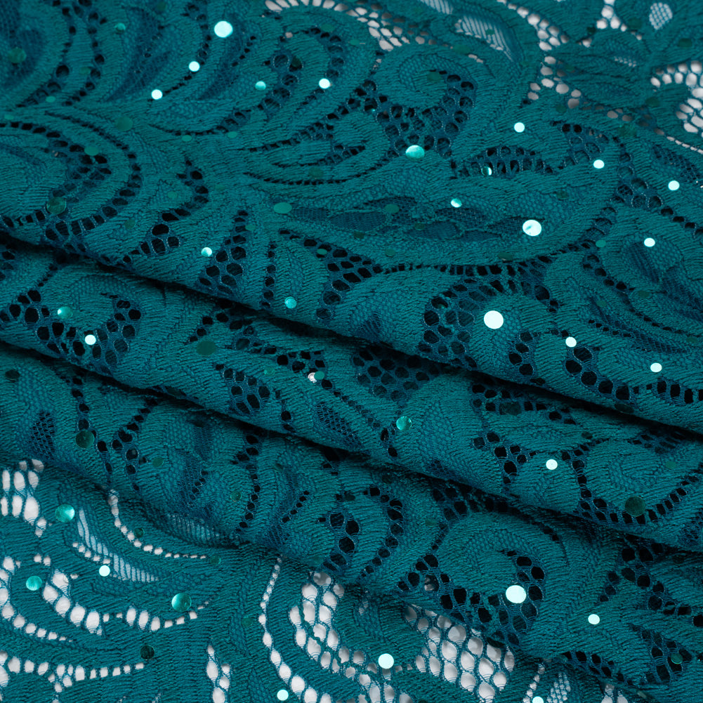 Stretch Raschel Lace with Metallic Spots - Dark Teal and Navy Fancy Leaves and Flowers - Folded Stretch Raschel Lace with Metallic Spots - Dark Teal and Navy Fancy Leaves and Flowers - Folded