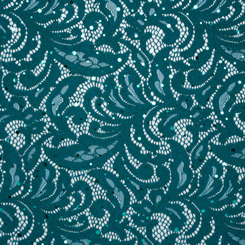 Stretch Raschel Lace with Metallic Spots - Dark Teal and Navy Fancy Leaves and Flowers Stretch Raschel Lace with Metallic Spots - Dark Teal and Navy Fancy Leaves and Flowers