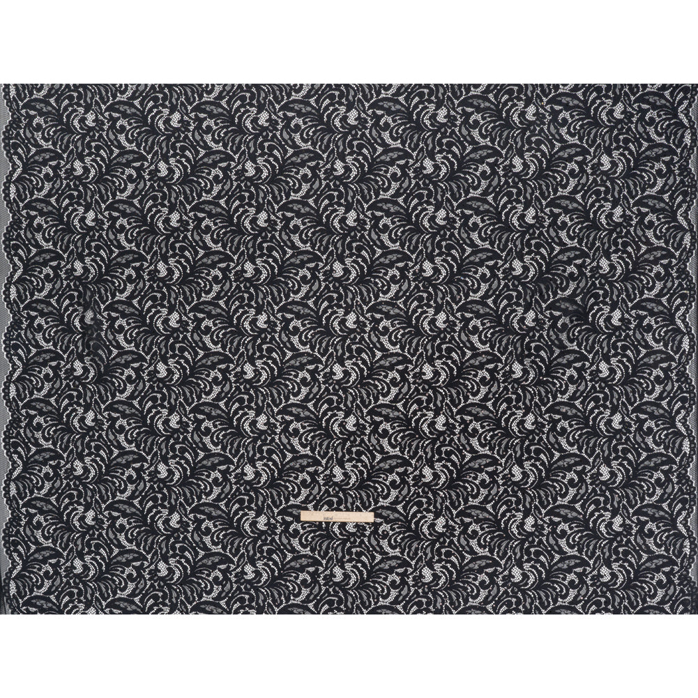 Stretch Raschel Lace with Metallic Spots - Black Fancy Leaves and Flowers - Full Stretch Raschel Lace with Metallic Spots - Black Fancy Leaves and Flowers - Full