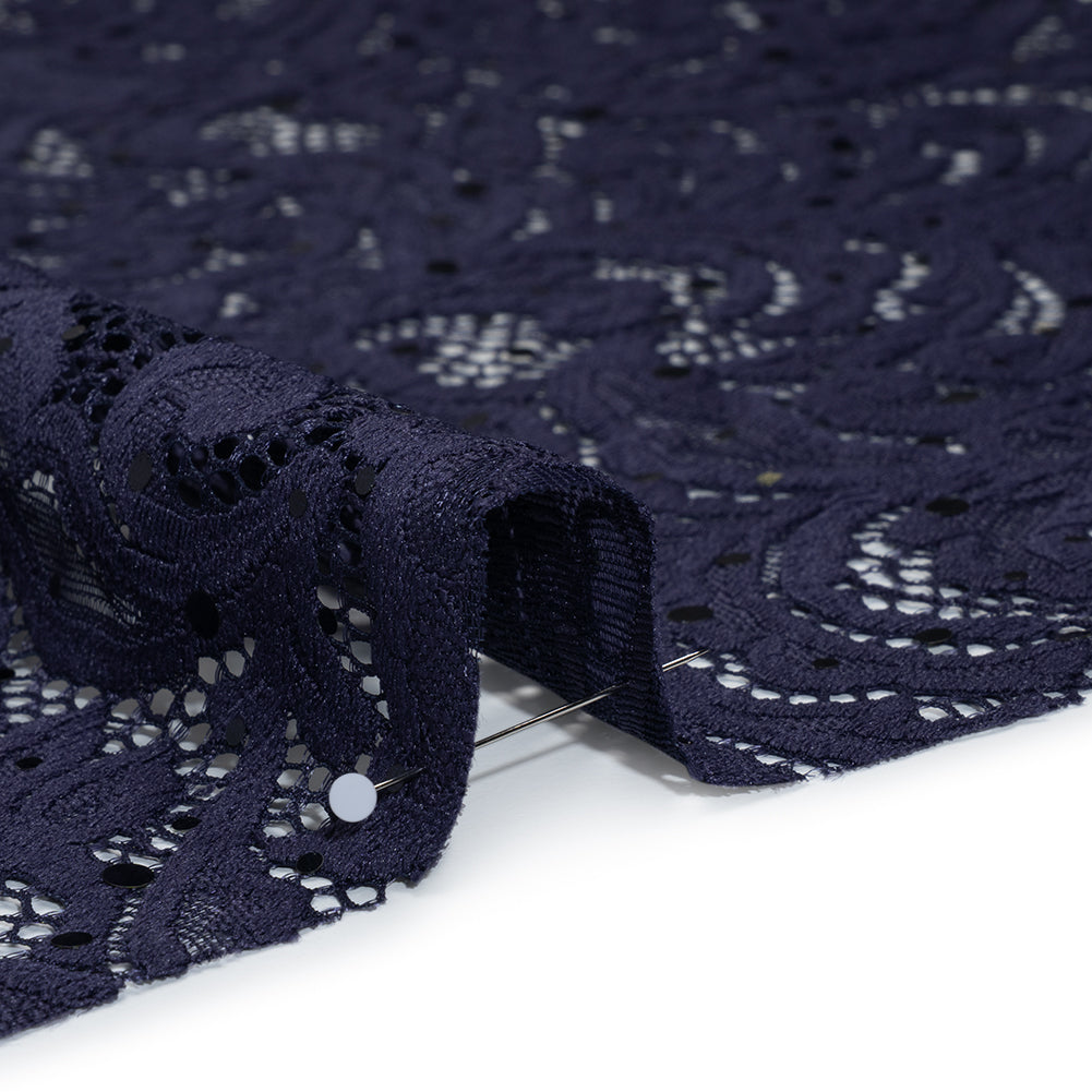 Stretch Raschel Lace with Metallic Spots - Navy Fancy Leaves and Flowers - Detail Stretch Raschel Lace with Metallic Spots - Navy Fancy Leaves and Flowers - Detail