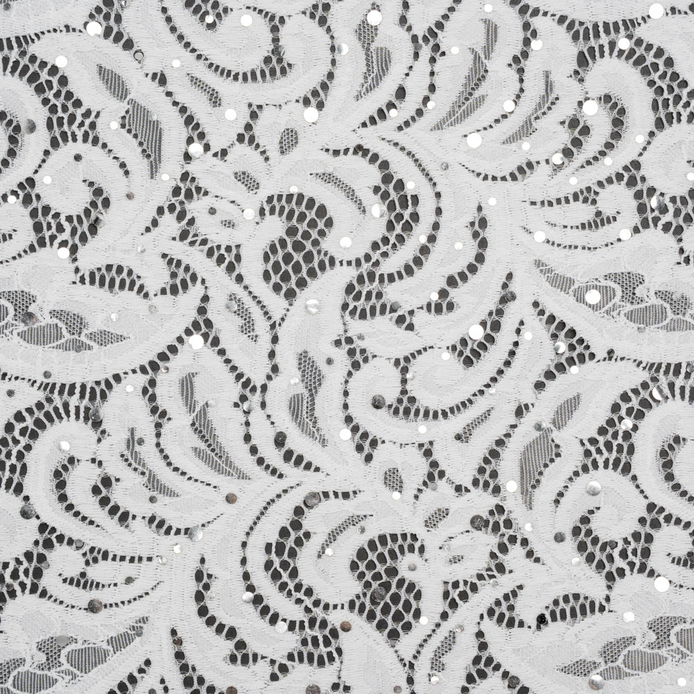 Stretch Raschel Lace with Metallic Spots - Silver and Ivory Fancy Leaves and Flowers Stretch Raschel Lace with Metallic Spots - Silver and Ivory Fancy Leaves and Flowers
