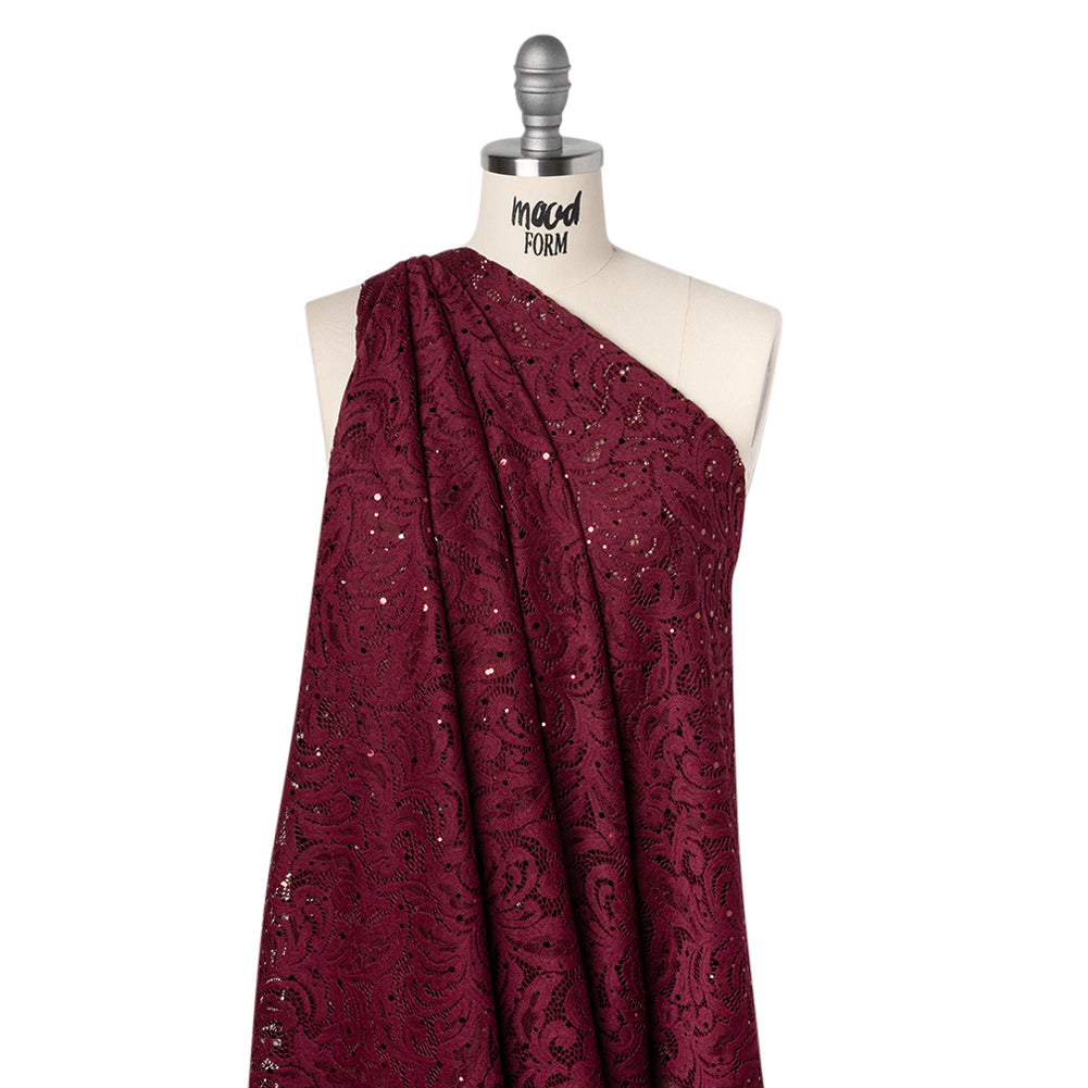 Stretch Raschel Lace with Metallic Spots - Burgundy Fancy Leaves and Flowers - Drape Stretch Raschel Lace with Metallic Spots - Burgundy Fancy Leaves and Flowers - Drape