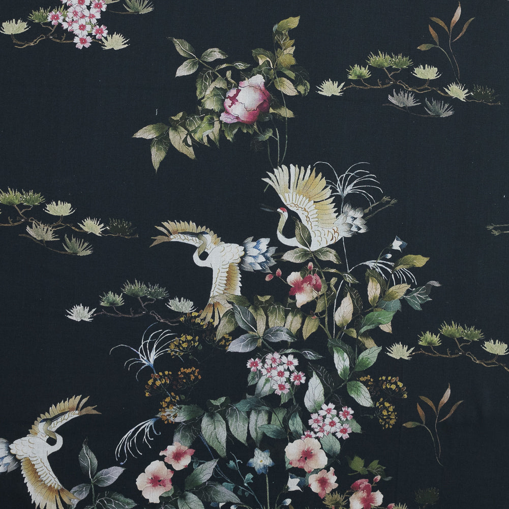 Cotton Voile - Black and Green Birds and Flowers - La Grande Tournee Print - Mood Exclusive Jacques Collection Cotton Voile - Black and Green Birds and Flowers - La Grande Tournee Print - Mood Exclusive Jacques Collection