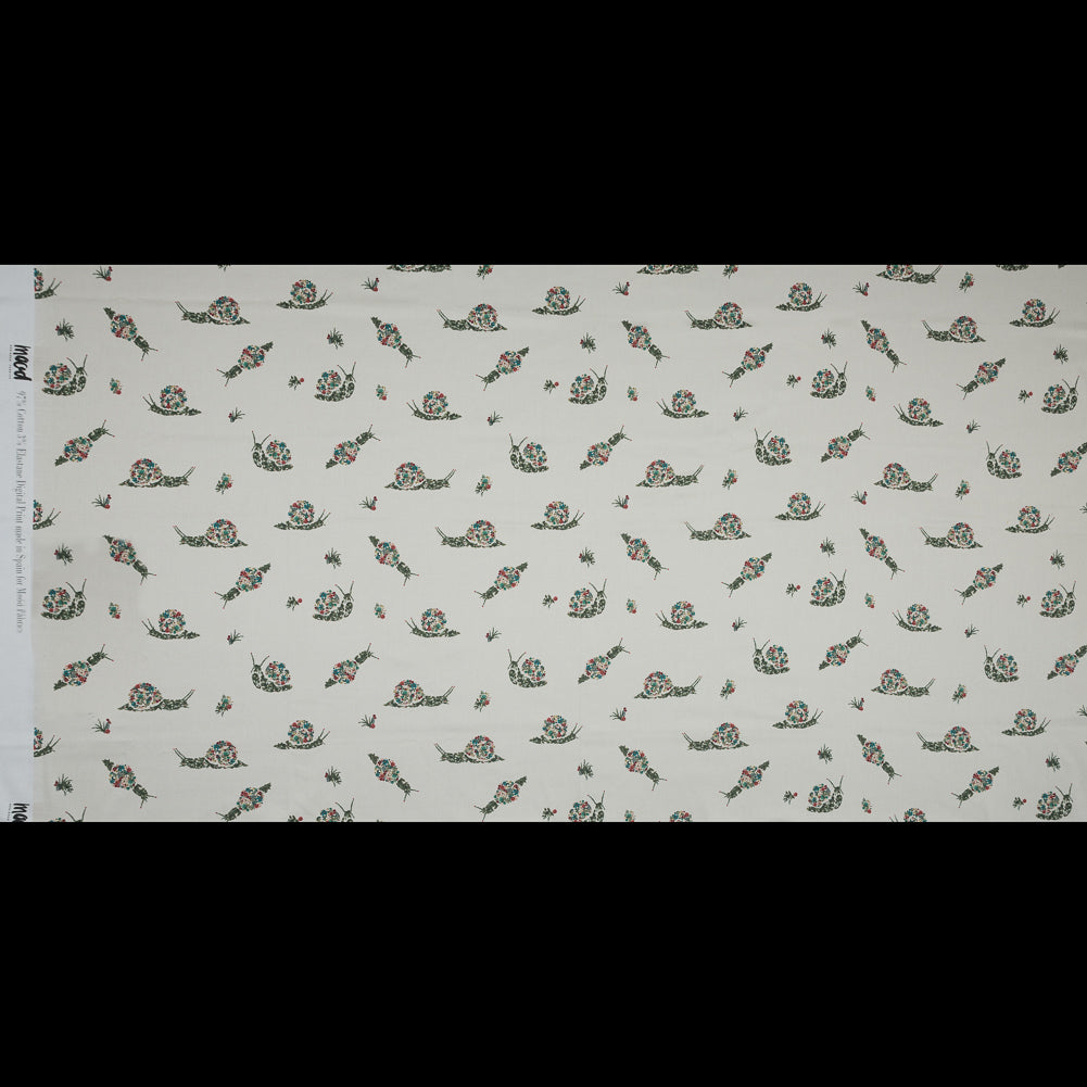 Stretch Cotton Sateen - White Floral Snails - The Snail's Bounty Print - Mood Exclusive Gaia Collection - Full Stretch Cotton Sateen - White Floral Snails - The Snail's Bounty Print - Mood Exclusive Gaia Collection - Full