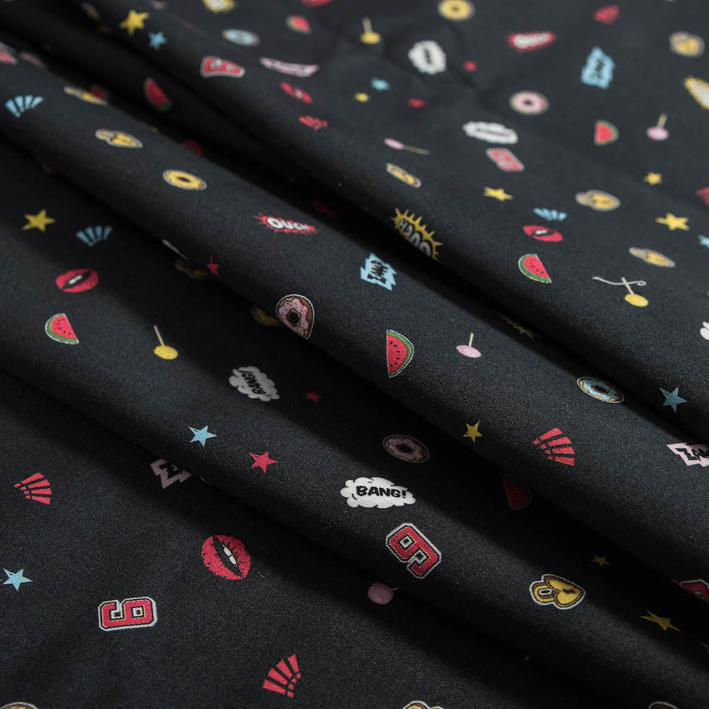 Stretch Cotton Sateen - Black Pop Icons - Black Candy and Combat Print - Mood Exclusive Comic Collection - Folded Stretch Cotton Sateen - Black Pop Icons - Black Candy and Combat Print - Mood Exclusive Comic Collection - Folded