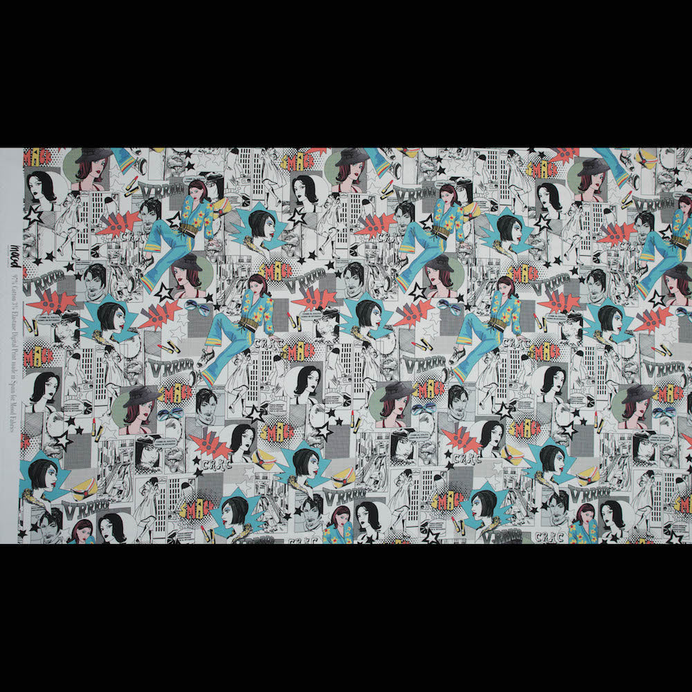 Stretch Cotton Sateen - White Pop Icons - White Fashionably Late Print - Mood Exclusive Comic Collection - Full Stretch Cotton Sateen - White Pop Icons - White Fashionably Late Print - Mood Exclusive Comic Collection - Full