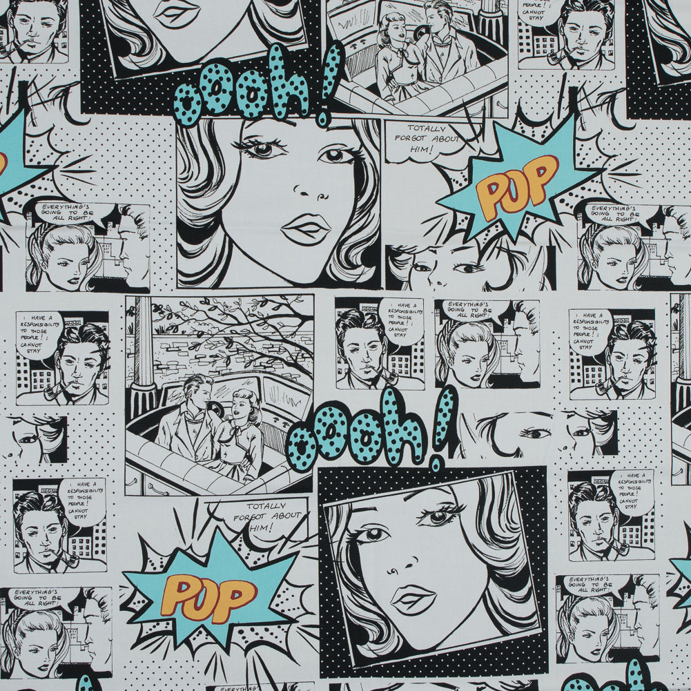 Stretch Cotton Sateen - Black and Aqua Comics - Alter-Ego Romance Print - Mood Exclusive Comic Collection Stretch Cotton Sateen - Black and Aqua Comics - Alter-Ego Romance Print - Mood Exclusive Comic Collection