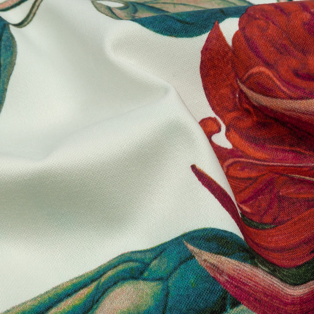 Stretch Cotton Sateen - Red and Green Floral - Paintbrush Lily Print - Mood Exclusive Aloha Collection - Detail Stretch Cotton Sateen - Red and Green Floral - Paintbrush Lily Print - Mood Exclusive Aloha Collection - Detail