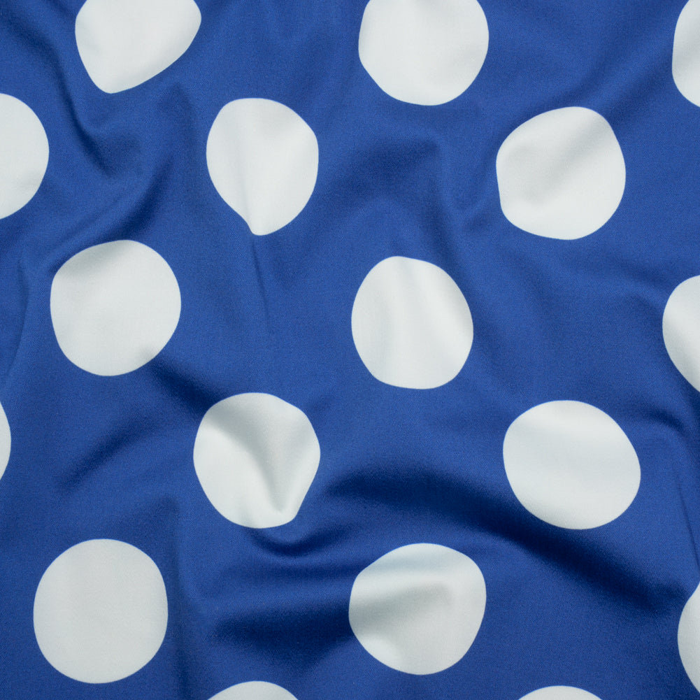 Stretch Cotton Sateen - Blue and White Polka Dots - Mood Exclusive Mahina Dots Print Stretch Cotton Sateen - Blue and White Polka Dots - Mood Exclusive Mahina Dots Print