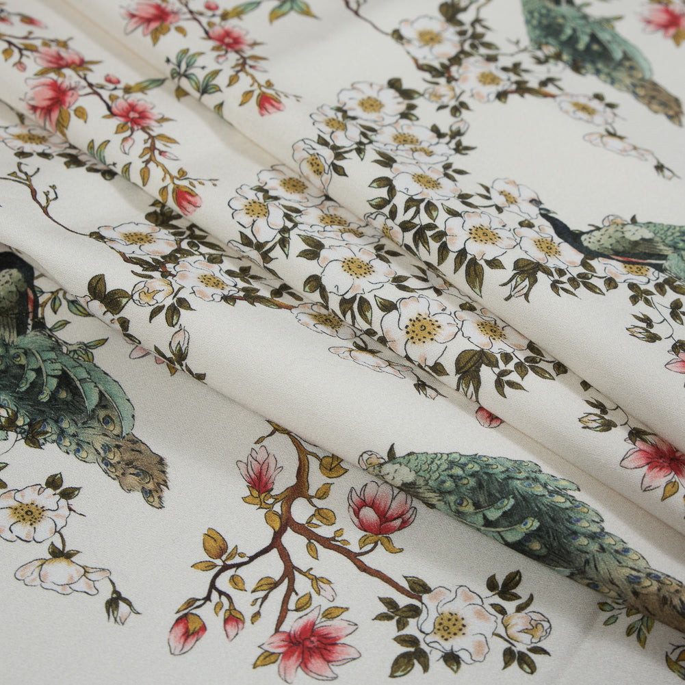 Stretch Cotton Sateen - White Floral - Dignity of Enlightenment Print - Mood Exclusive Key Largo Collection - Folded Stretch Cotton Sateen - White Floral - Dignity of Enlightenment Print - Mood Exclusive Key Largo Collection - Folded
