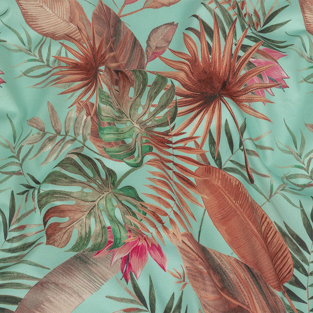 Stretch Cotton Sateen - Aqua Tropical Leaves - Efficacy of Contentment Print - Mood Exclusive Key Largo Collection Stretch Cotton Sateen - Aqua Tropical Leaves - Efficacy of Contentment Print - Mood Exclusive Key Largo Collection