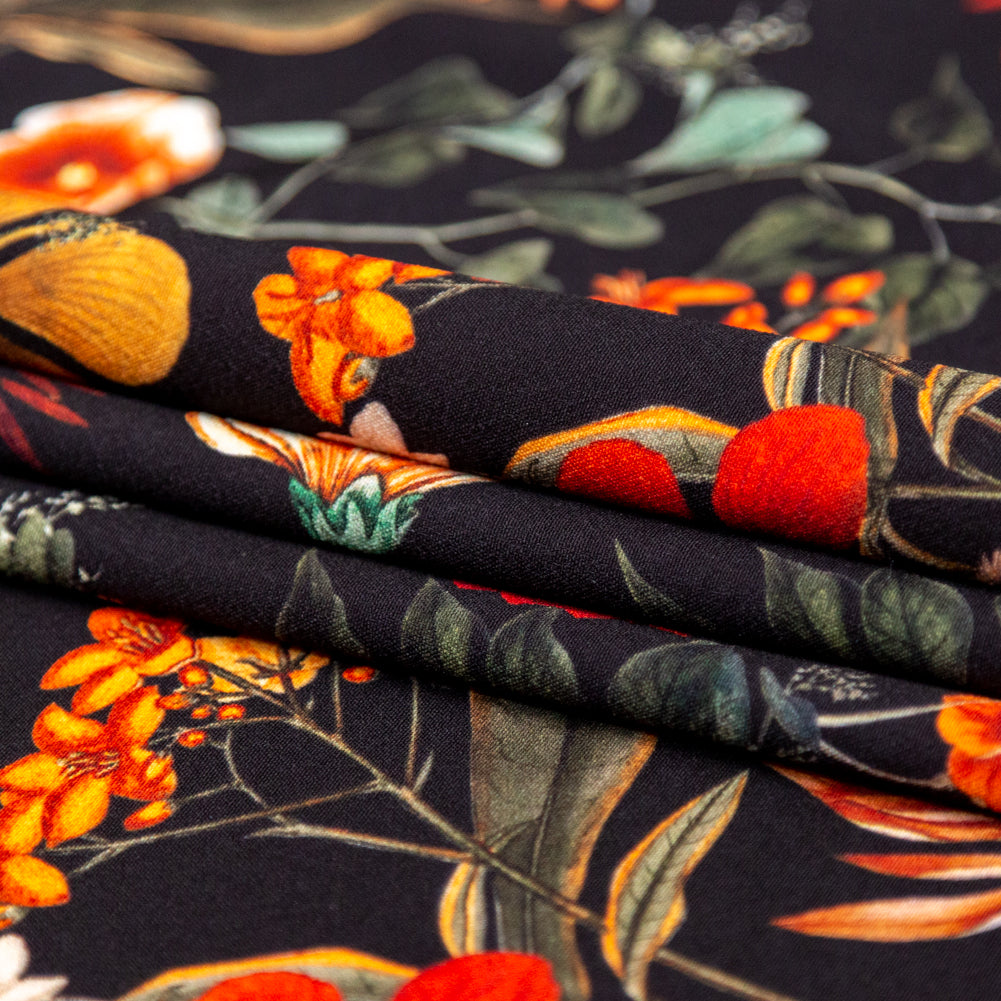 Stretch Polyester Crepe - Black Floral - Garden of Earthly Delights Print - Mood Exclusive Harvest Collection - Folded Stretch Polyester Crepe - Black Floral - Garden of Earthly Delights Print - Mood Exclusive Harvest Collection - Folded