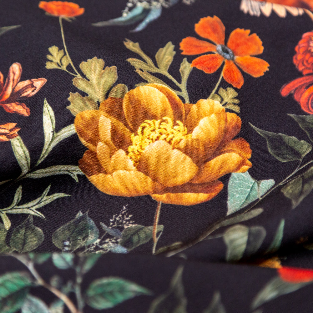 Stretch Polyester Crepe - Black Floral - Garden of Earthly Delights Print - Mood Exclusive Harvest Collection - Detail Stretch Polyester Crepe - Black Floral - Garden of Earthly Delights Print - Mood Exclusive Harvest Collection - Detail