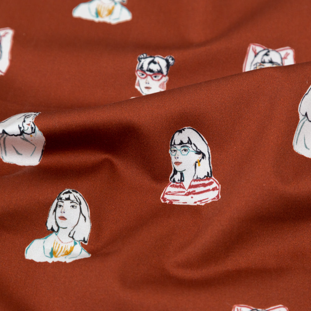 Stretch Cotton Sateen - Rust Faces - Run the World Print - Mood Exclusive Harvest Collection - Detail Stretch Cotton Sateen - Rust Faces - Run the World Print - Mood Exclusive Harvest Collection - Detail