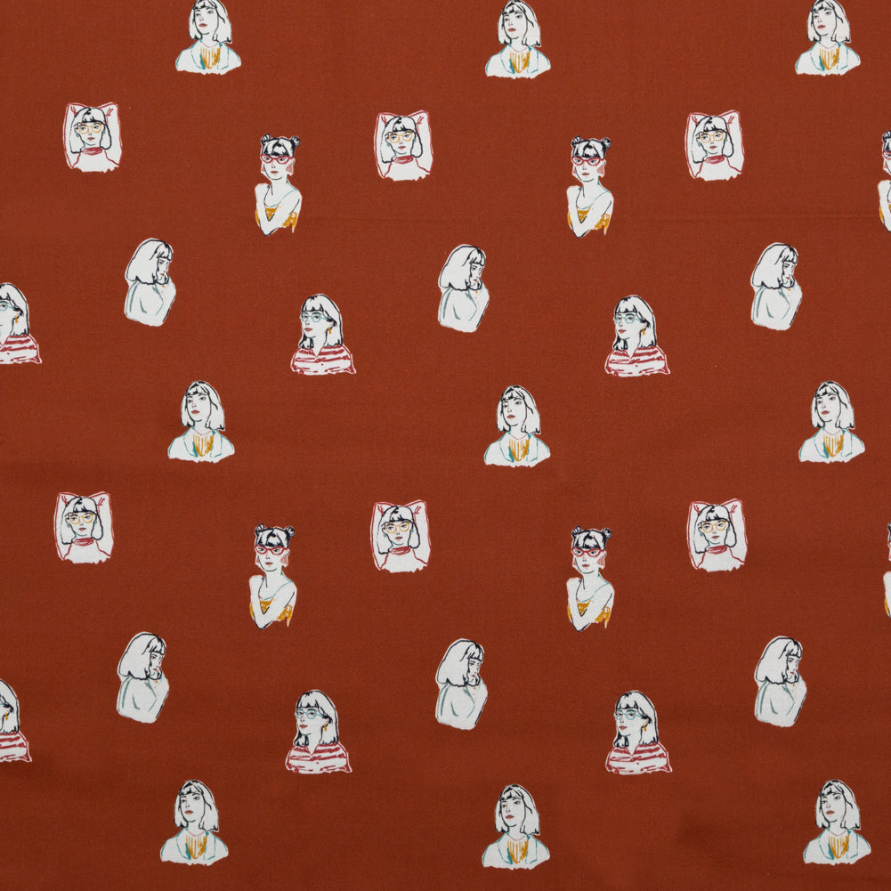 Stretch Cotton Sateen - Rust Faces - Run the World Print - Mood Exclusive Harvest Collection Stretch Cotton Sateen - Rust Faces - Run the World Print - Mood Exclusive Harvest Collection