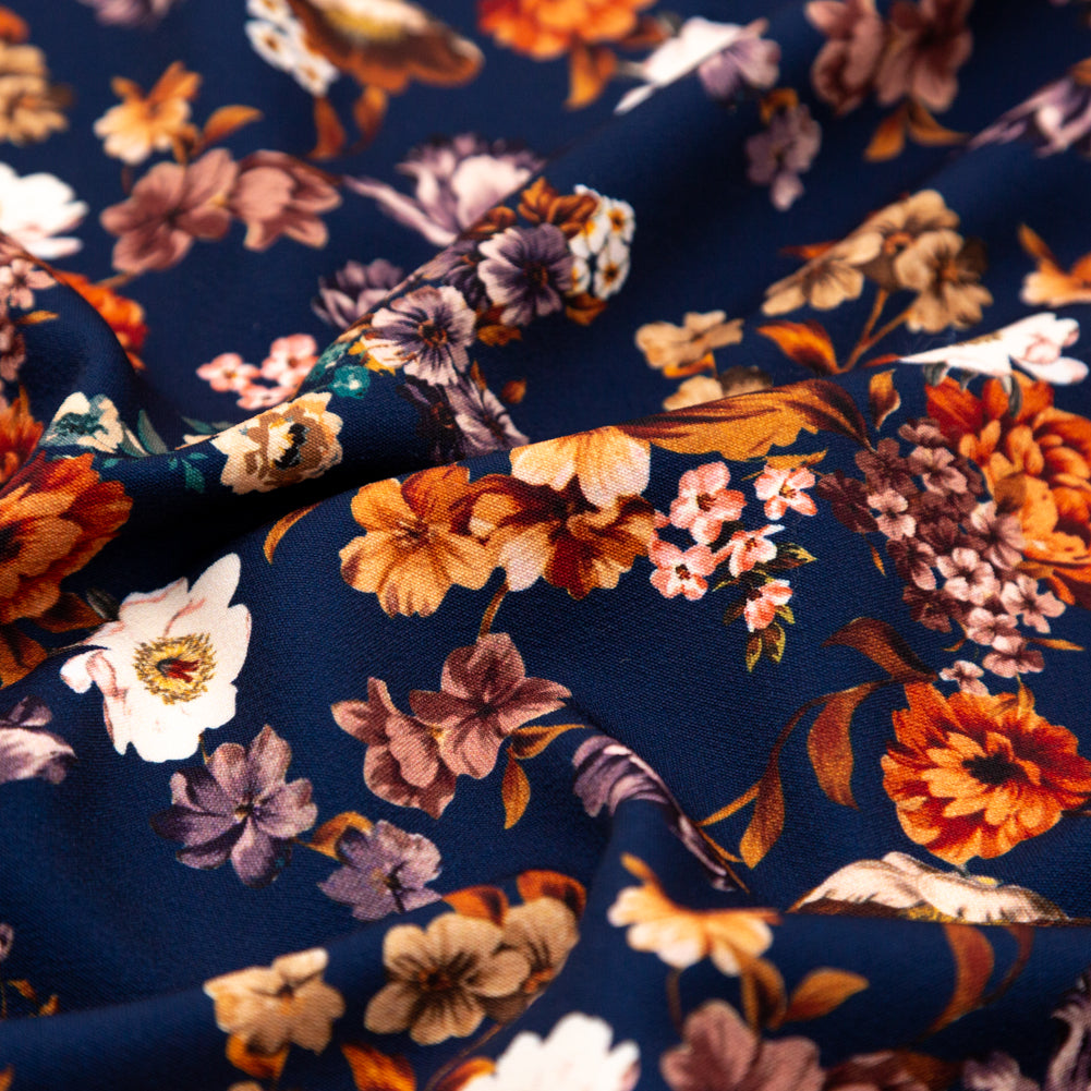 Stretch Polyester Crepe - Navy and Orange Floral - Floral Dreams Print - Mood Exclusive St. Tropez Collection - Detail Stretch Polyester Crepe - Navy and Orange Floral - Floral Dreams Print - Mood Exclusive St. Tropez Collection - Detail