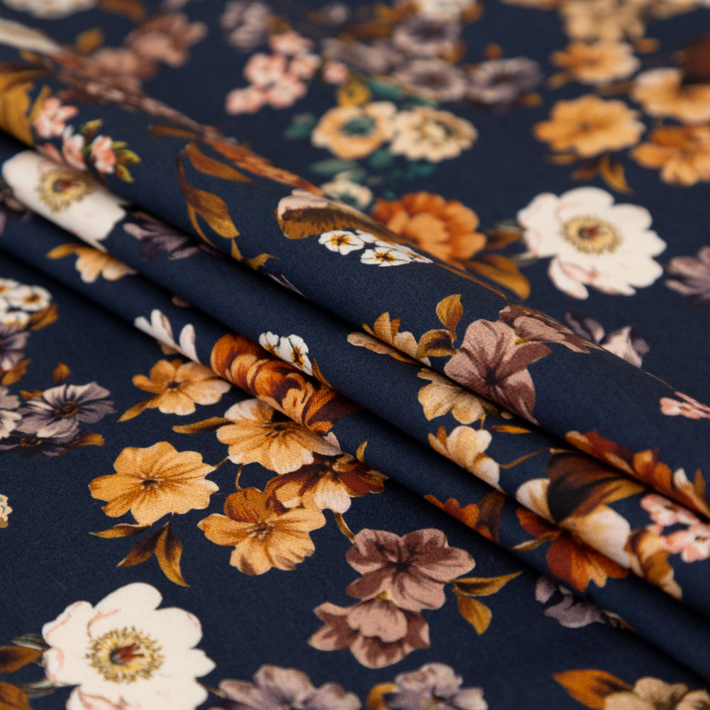 Stretch Cotton Sateen - Navy and Orange Floral - Floral Dreams Print - Mood Exclusive St. Tropez Collection - Folded Stretch Cotton Sateen - Navy and Orange Floral - Floral Dreams Print - Mood Exclusive St. Tropez Collection - Folded