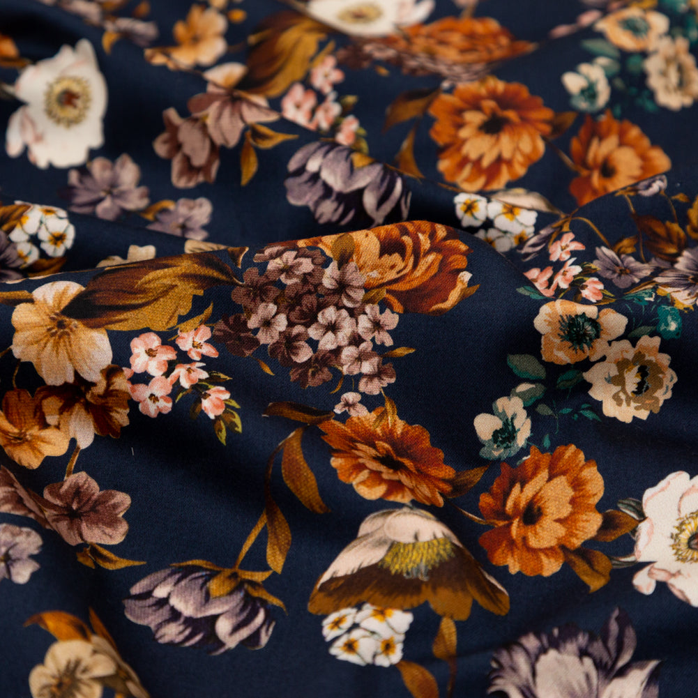 Stretch Cotton Sateen - Navy and Orange Floral - Floral Dreams Print - Mood Exclusive St. Tropez Collection - Detail Stretch Cotton Sateen - Navy and Orange Floral - Floral Dreams Print - Mood Exclusive St. Tropez Collection - Detail